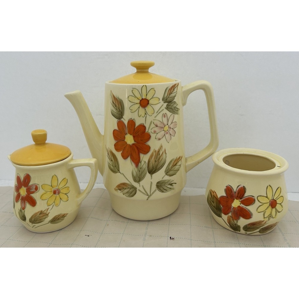 Vintage Flower Power Teapot Creamer Sugar Set Japan Floral Tea Set‎